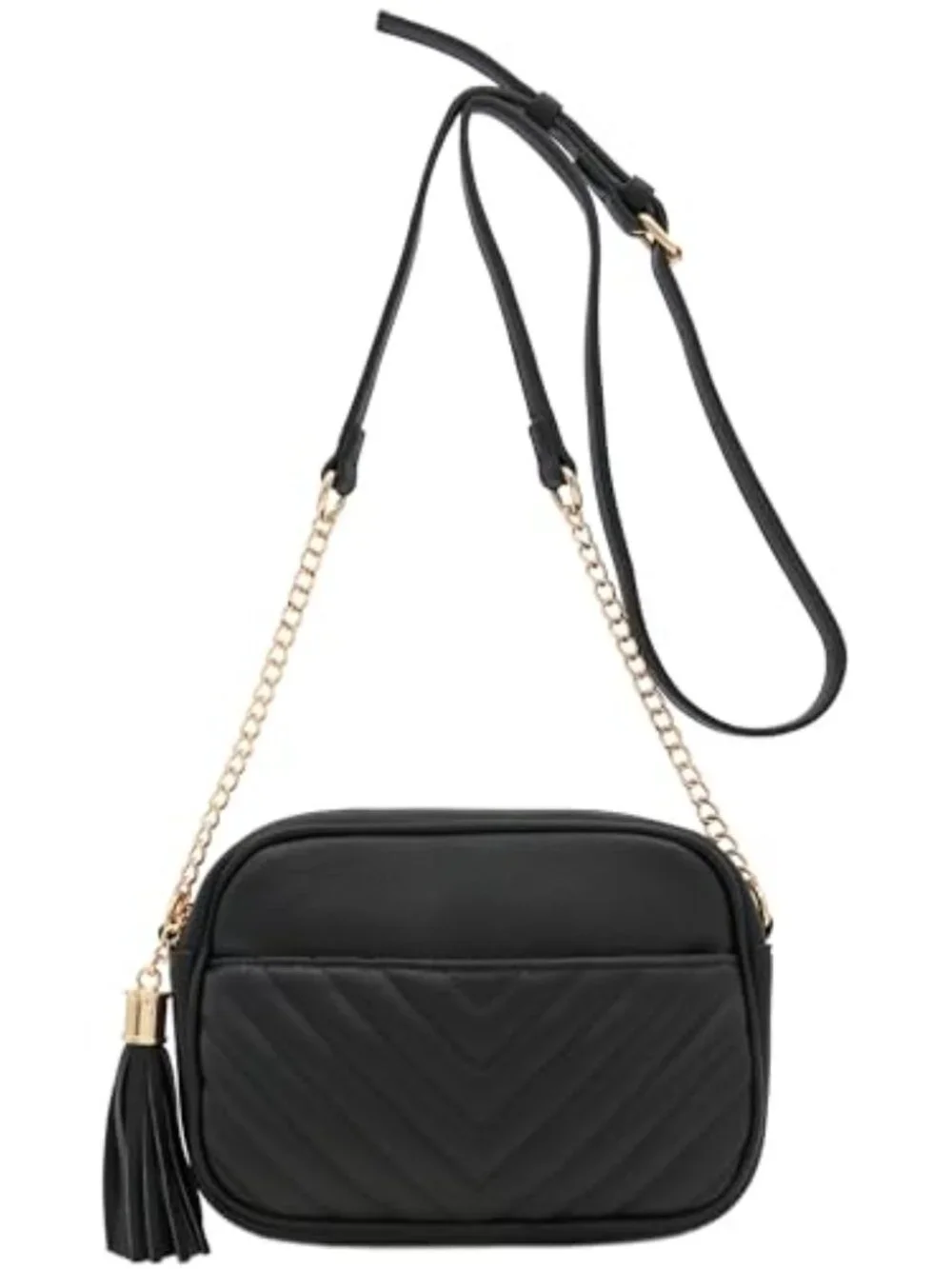 Quilted Crossbody Camera Bag with Chain Strap and Tassel